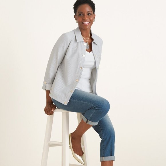 Chico's Striped Bi-Stretch Jacket Blue and White 3P - Picture 2 of 4